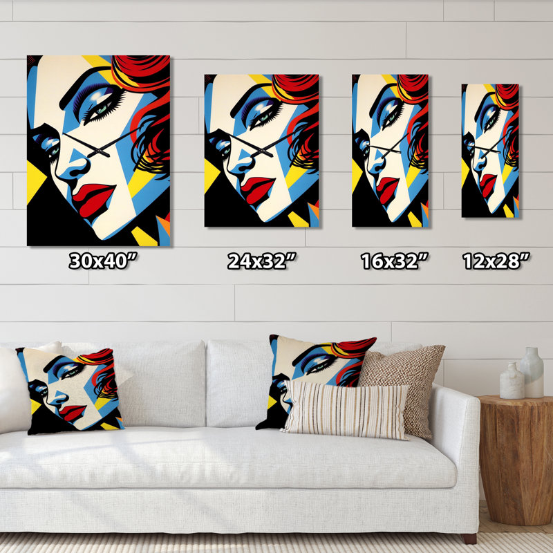 Rétro femme portrait Pop Art I - horloge murale femme Pop Art, H 32 po x l 16 po x P 1 po