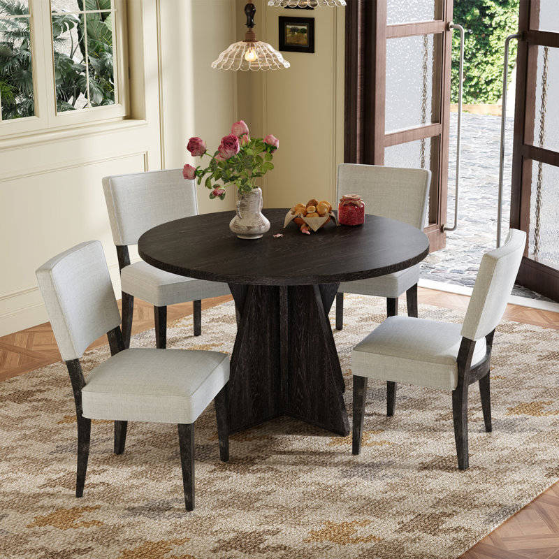 Ensemble de table de salle à manger 5 pièces rondes pour 4 personnes, table de cuisine rétro et ensemble de 4 chaises avec base conçue, table de salle à manger en bois avec 4 chaises rembourrées pour petit espace et salle à manger (espresso)