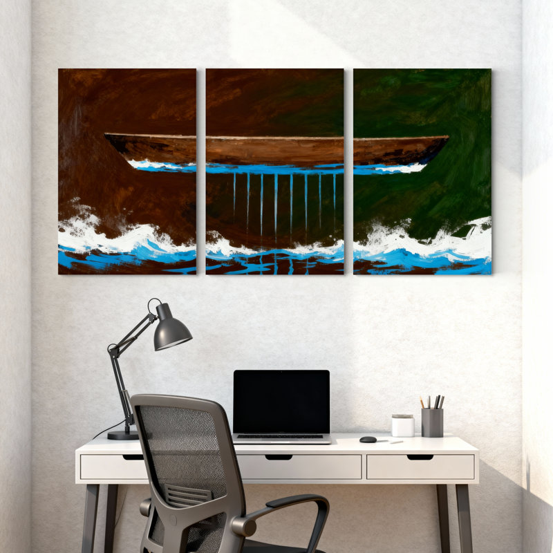 Nautique et plage, bateau sur l'eau avec reflets et vagues, ensemble de 3 impressions sur toile, H 18 po x l 36 po