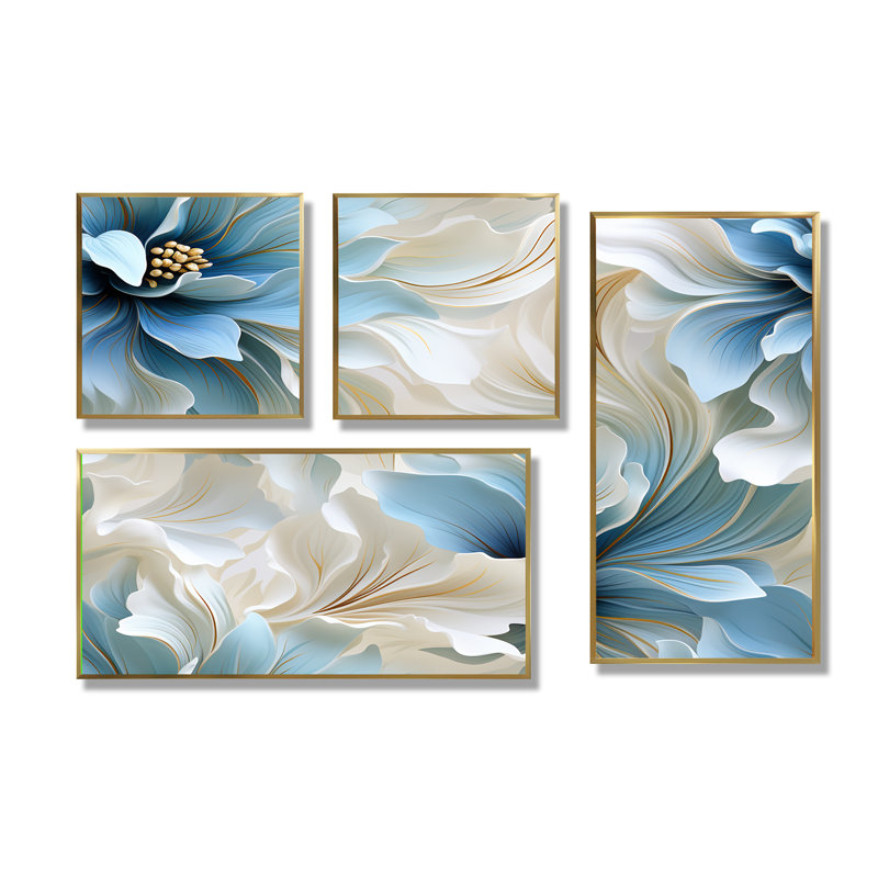 «Ethereal Blue and White Damask Dreams - Blue Wall Art», 4 pièces, Impression encadrée sans passe-partout, Doré
