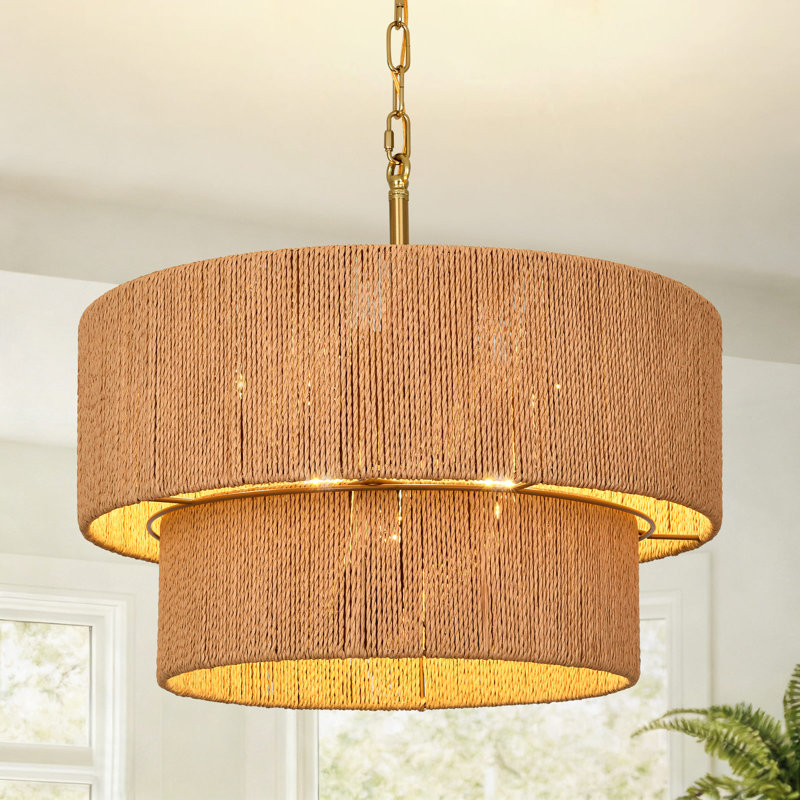 Lustre en rotin tissé à la main à 6 lumières à intensité variable