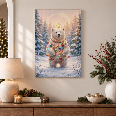 Ours polaire enveloppé de lumières colorées dans un décor de Noël enneigé