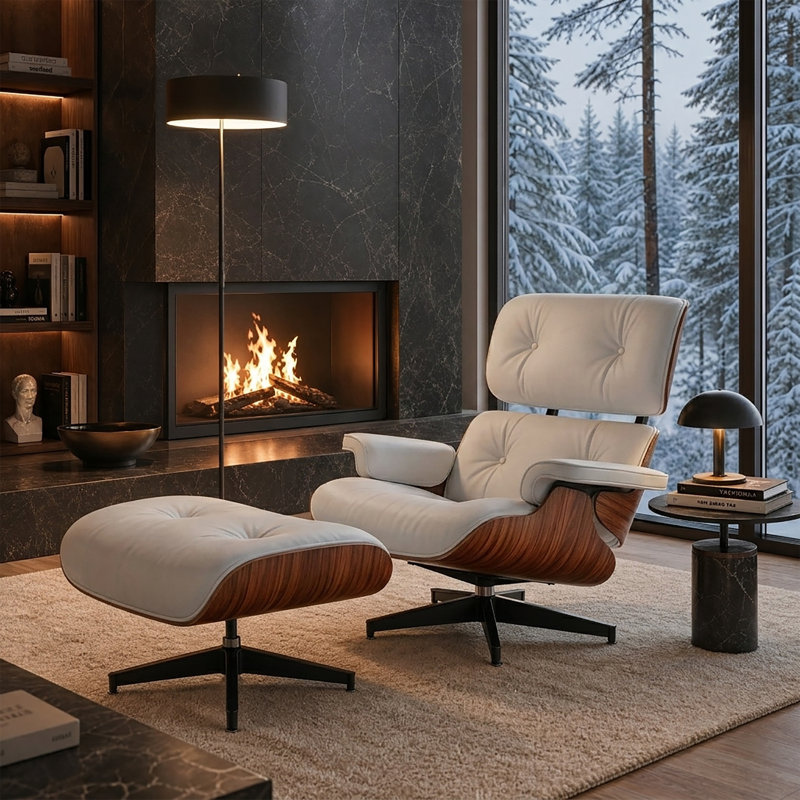Mid Century Genuine Leather Recliner Lounge Chair with Ottoman and Solid Wood Frame for Living Room, Study Room, Guest Room 