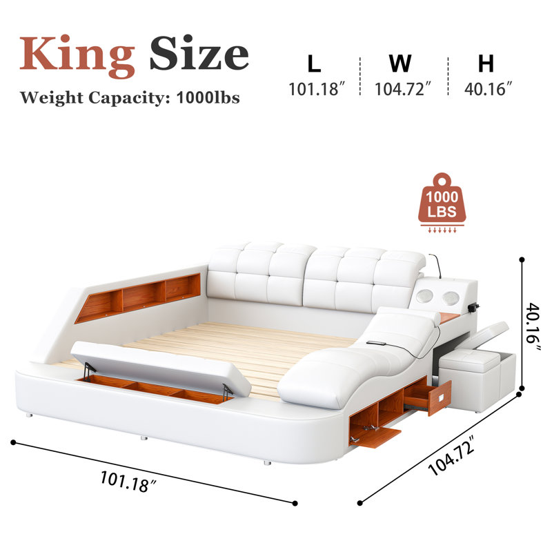 Multi-Functional Bed, Solid Wood Frame and Faux Leather Upholstery, Remote-Controlled Massage Recliner on the Right, Modern LED Lights, Bluetooth Speakers, USB Charging Ports, Adjustable Backrest