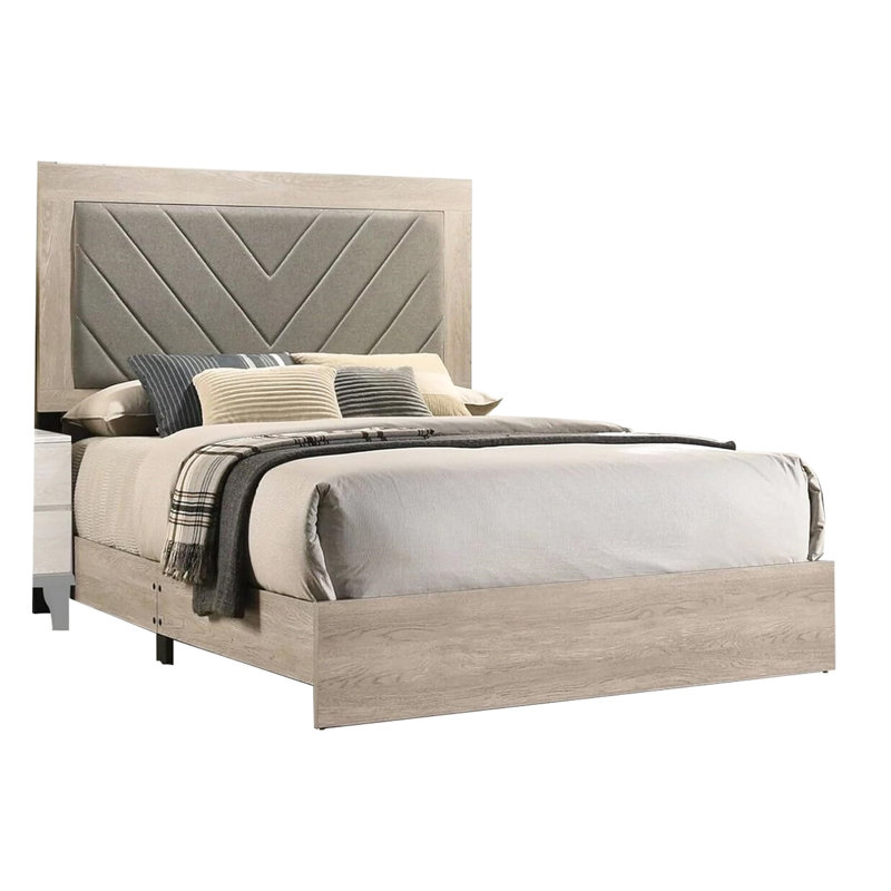 Grand lit de style classique, crème et gris, sommier requis, cadre de chambre à coucher contemporain crème, tête de lit, bois d'hévéa