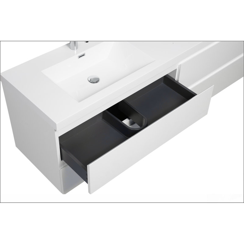 Meuble-lavabo mural 72 po avec lavabo 72 po, lavabo mural moderne avec lavabo en résine et 4 tiroirs à fermeture en douceur, blanc brillant 24V11-72GW