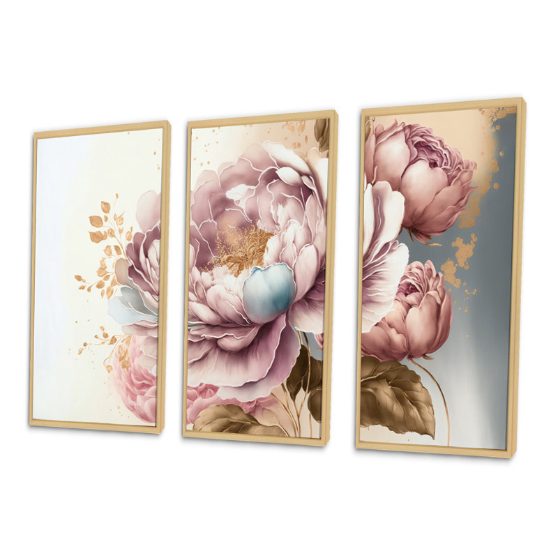«Pink and Gold Rose II», reproduction sur toile 3 pièces, H 28 po x l 36 po x P 1 po, Cadre flottant érable