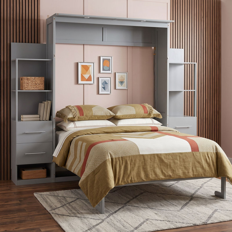 Lit escamotable en bois avec tiroirs intégrés, tablettes et éclairage DEL, Gris, Double
