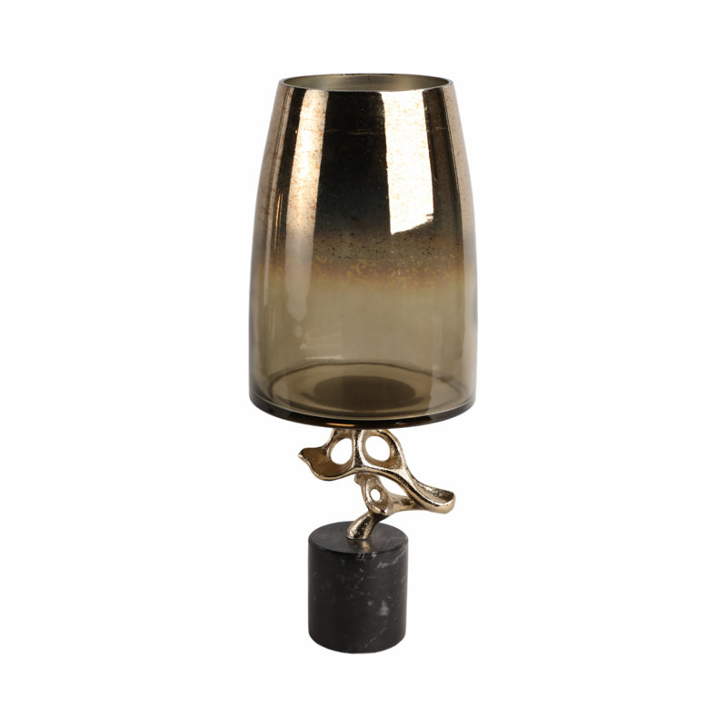 Sagebrook Home 19" Lusaka Large Hurrican Glass With Stone Base, Gold, 19" H x 7" W x 7" D