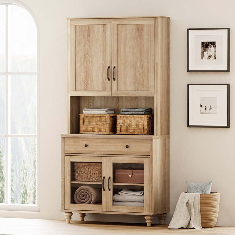 Buffet Corretta avec bar intégré, meuble de cuisine avec portes vitrées et grand espace de rangement, bibliothèque de style campagnard à 5 niveaux avec porte en bois, dosseret pour salle à manger, chêne, 86 cm (34 po)