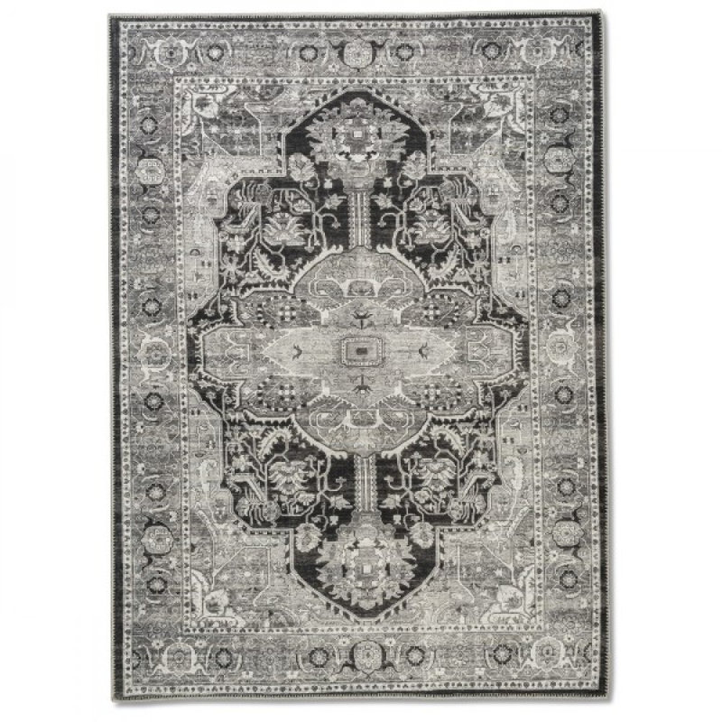 Tapis lavable 9 pi x 12 pi Aura, Noir - blanc - gris