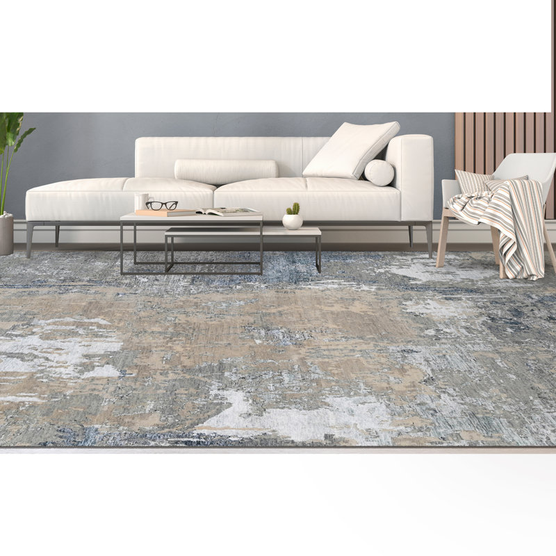 Tapis rectangulaire brun clair / bleu / ivoire, Rectangle de 10 pi x 14 pi