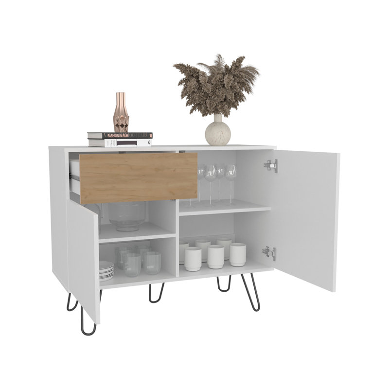 Console Tori de 39 po de largeur avec deux armoires, un tiroir et quatre tablettes, blanc - chêne naturel