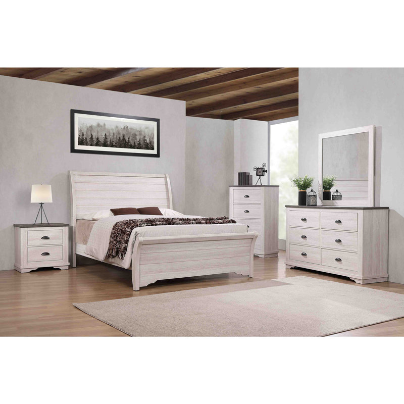 Lit-bateau de style contemporain, Blanc cassé/gris, Grand lit