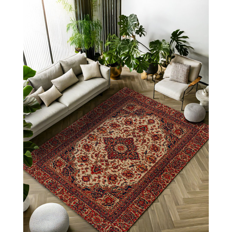 Guria Burgundy/Brown Oriental Vintage Look Machine Printed Cotton Chenille Area Rug, Runner 4' x 16'5"