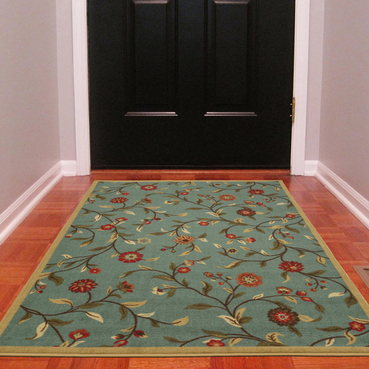 Ottohome Non-Slip Floral Leaves Area Rug For Living Room, Hallway, Entryway Rug, Seafoam Green