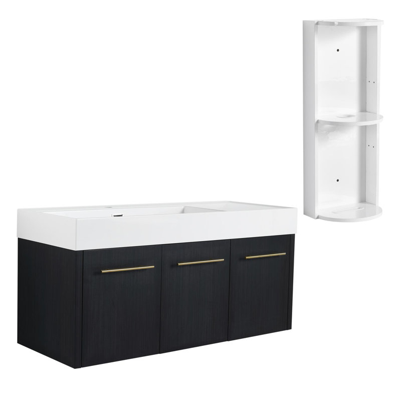 Meuble-lavabo mural 48 po avec lavabo et support de rangement, lavabo à rebord épais en résine gauche, ensemble KD