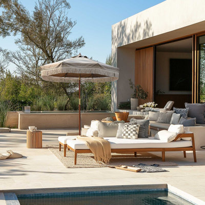 BOHO 9' Fringe Patio Umbrella with Tassels UPF50+ Boho Style 5-Year-Non-Fading for Outdoor Yard Market Mocha Meander