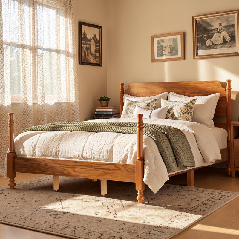 Wood Platform Bed Four Poster Bed, Queen, Light Walnut