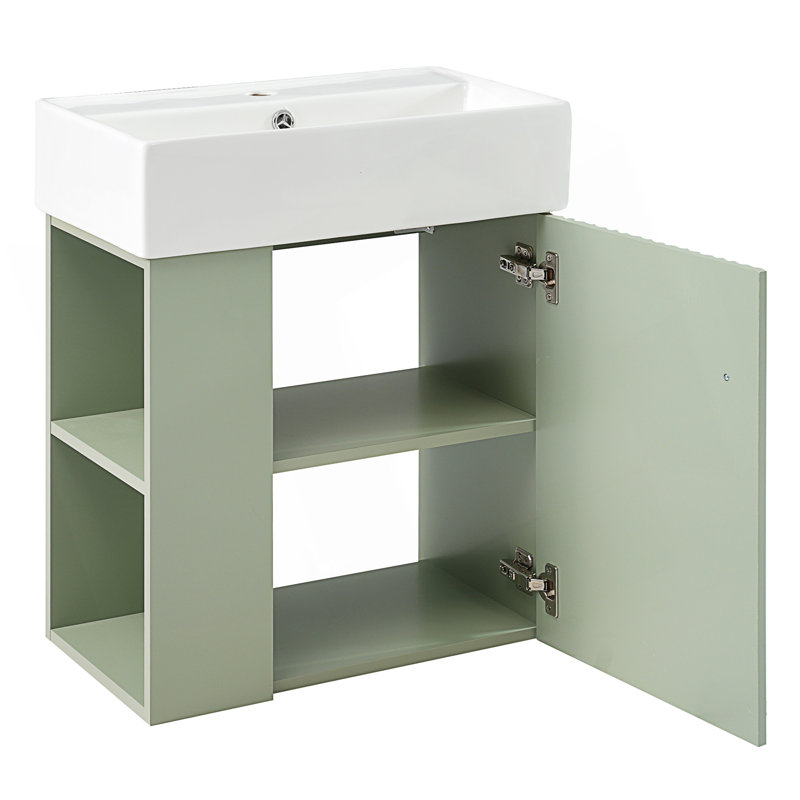 Meuble-lavabo flottant avec vasque en céramique et rangement à gauche, armoire d'appoint, Vert