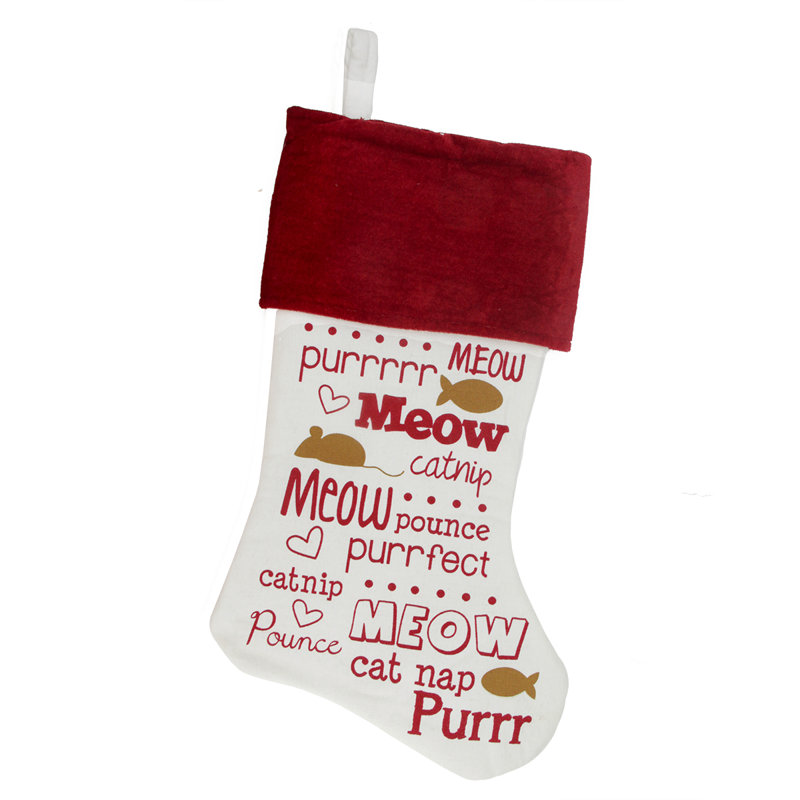 Chaussette de Noël 18 po en velours à imprimé chat blanc cassé rouge et brun