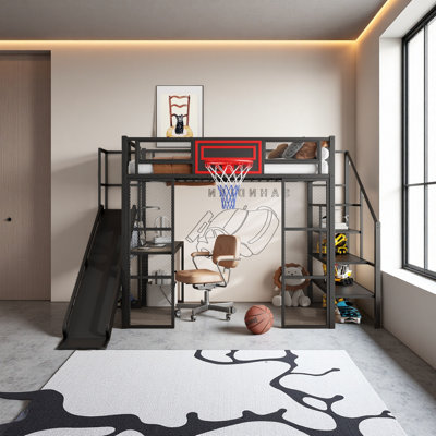 Lit mezzanine double en métal avec bureau intégré, garde-robe ouverte, panier de basketball, glissade et escalier