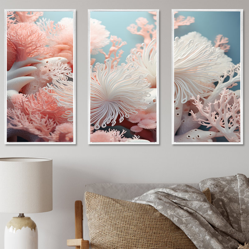 Anemone Garden - Ensemble de décorations murales corail sous l'eau, Cadre flottant blanc, H 32 po x l 48 po x P 1 po