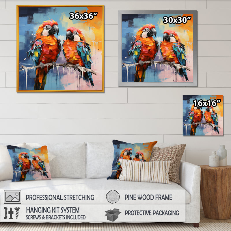 «Vibrant Duets Parrots I» sur toile, H 16 po x l 16 po x P 1 po, Cadre flottant doré