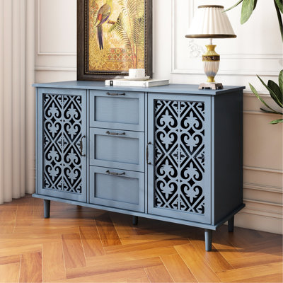 Armoire à panneau de particules bleu Aurich pour le salon - 2 portes et 3 tiroirs avec une bonne perméabilité à l'air, pieds en bois massif, chambre à coucher, pièce, bureau magnifique et support