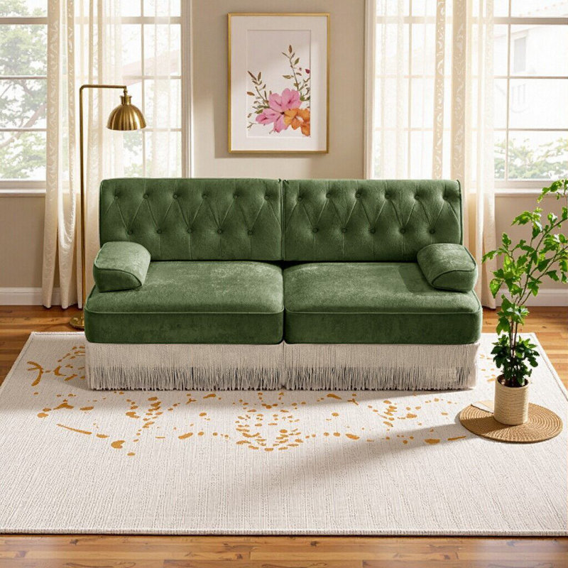 Elegant Green Velvet Chesterfield Sofa - Button Tufted & Tassel Skirt Design for Cozy Living Spaces, Green