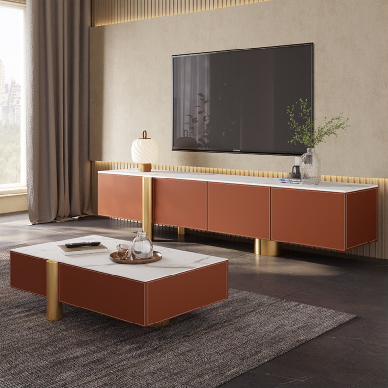 Meuble télé et table basse de luxe léger, Or/brun