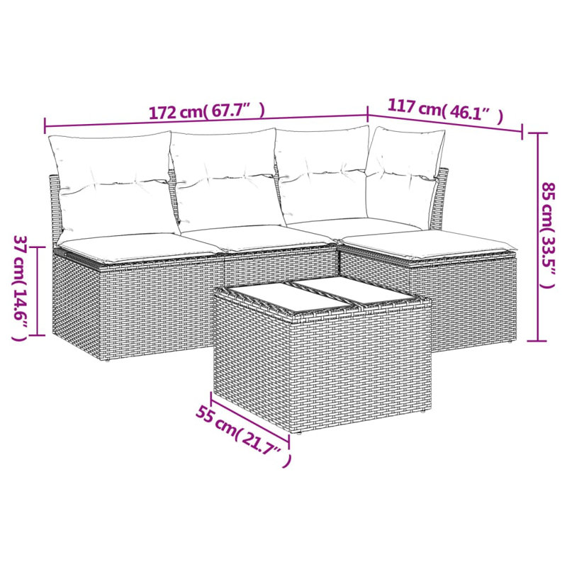 Ensemble de canapé de patio 5 pièces avec coussins en rotin de polyester, Rouge, Brun