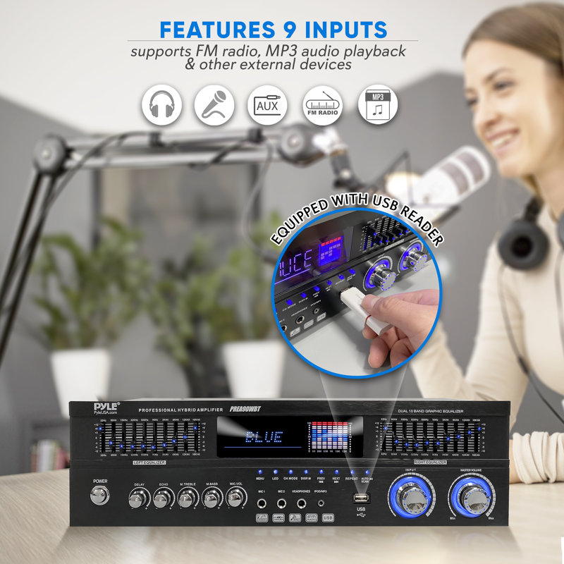 Amplificateur hybride Bluetooth à 6 canaux Pyle - Récepteur amplificateur de puissance stéréo pour montage audio en rack 1 600 W avec radio, USB / auxiliaire / ACR / micro, HD / Opt / Coax, AC-3, entrées DVD, égaliseur 10 bandes double - Prea90WBT