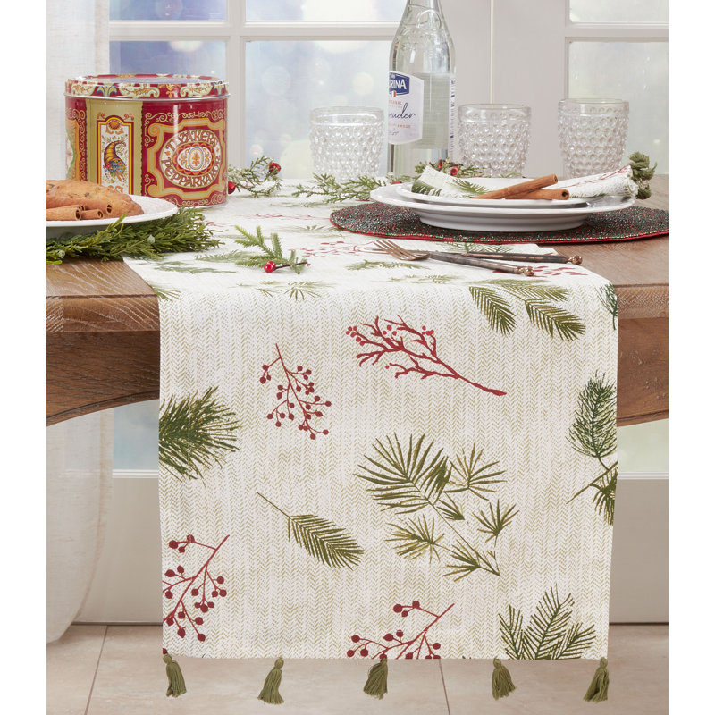 Winter Pine Needle and Red Berry Cotton Table Runner