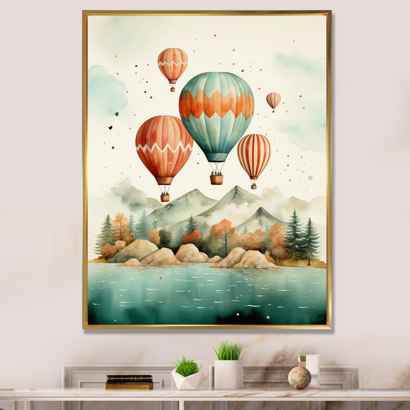 Vol au-dessus de l'océan en montgolfière - Impressions sur toile transport, H 32 po x l 24 po, Cadre flottant doré