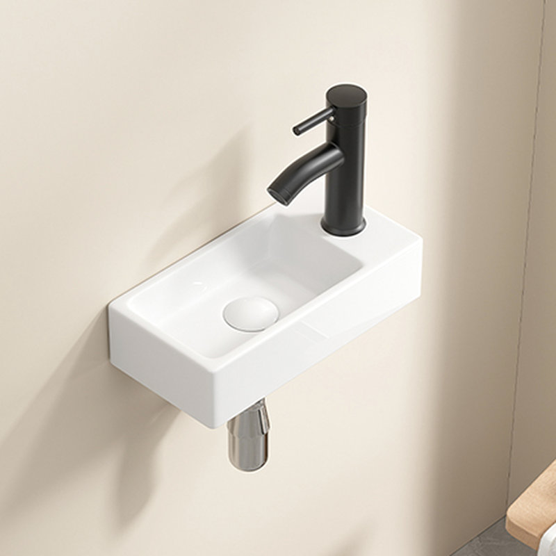 Small American Traditional Milk White Wall Hung Rectangle Ceramic Wash Basin, Left Hand, 14*7*3Inch, Single Tap Hole For Cloakroom Or Bathroom Hand Sink, And