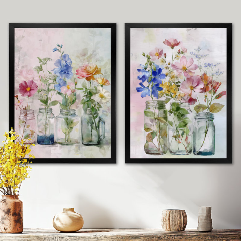 Bouquets de fleurs sauvages assortis maison de campagne - ensemble de 2 grands bouquets d'art mural, H 32 po x l 48 po