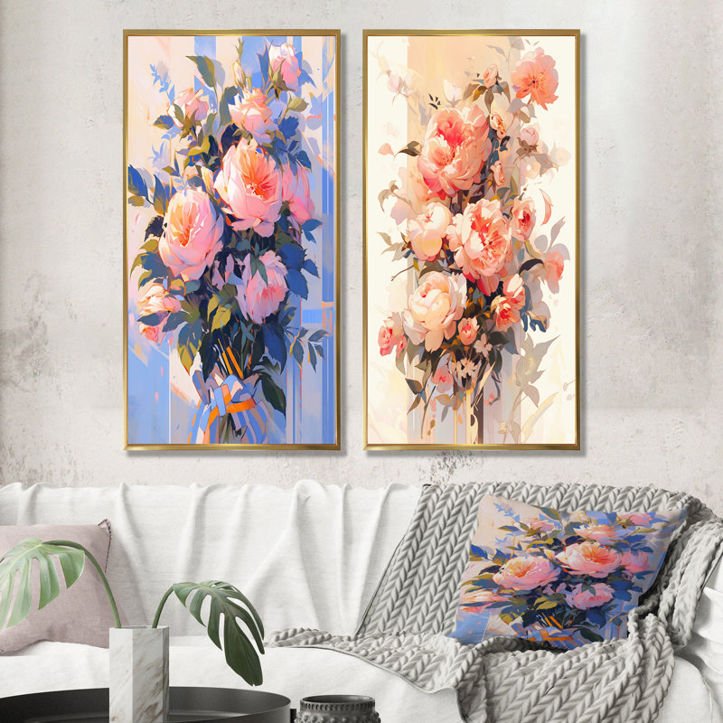 «Peony Whisperes Bouquet», ensemble de 2 reproductions d'art sur toile, Encadrement doré, H 40 po x l 41 po