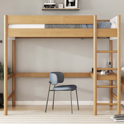 Lit mezzanine simple avec bureau, structure de lit mezzanine rembourrée avec échelle, barrières de sécurité, bois d'hévéa, tête / pied de lit en tissu molletonné
