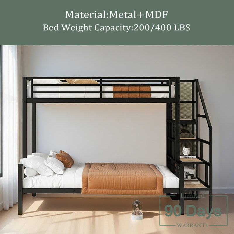 Twin Over Full Size Metal Bunk Bed With Storage Staircase And Open Wardrobe, Black