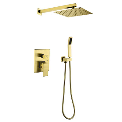 Wall Mounted High Shower System In Brushed Gold With 10 Inches Rain Head And Handheld Valve Trim For Bathroom Presenting Handheld. Dual . Faucet Trim. Self-Cleaning Nozzle. Matches American Standard