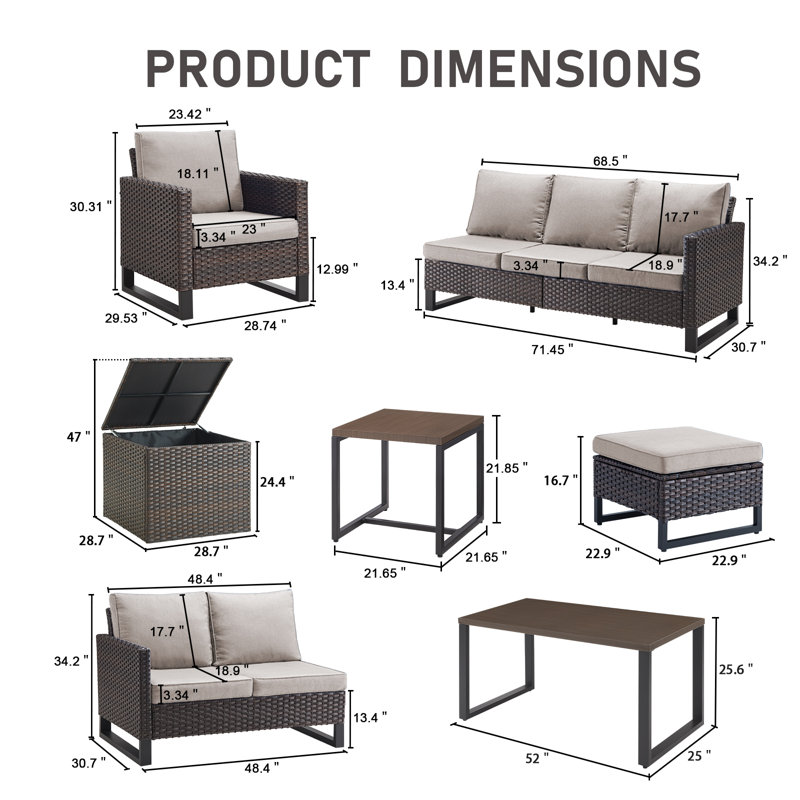 Ensemble de conversation d'extérieur en osier pour 7 à 9 personnes Ingvald avec fauteuils et repose-pieds, Beige