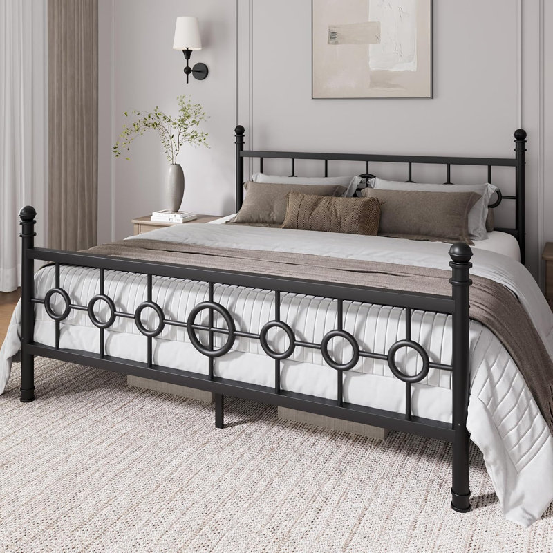 Cadre de lit circulaire vintage en métal - Taille King - Plateforme en fer robuste - Silencieux - Montage facile - Sommier non requis - Rangement sous le lit - Noir - Spécifications : Lit king, Couleur : Noir