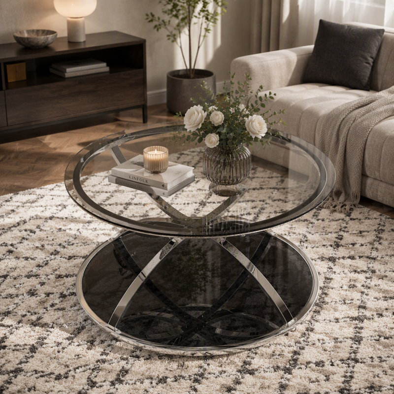 Table basse moderne en verre 31,50 "avec 2 niveaux, Silver