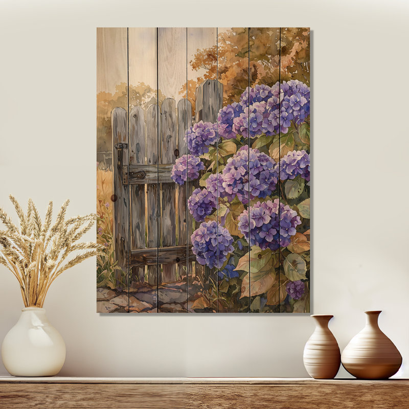 Hortensias d'été par la clôture de la ferme II - Art mural en bois d'hortensias - sur bois de pin naturel