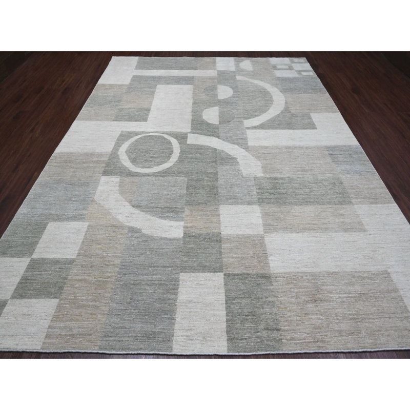 Tapis oriental 8 pi 9 po x 11 pi 6 po, motif inspiré du Bauhaus, motif géométrique et à lignes, noué à la main, 100% laine
