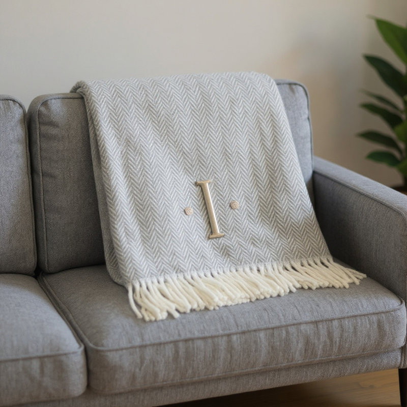 Jeté 55 po x 70 po en mélange de coton à chevrons gris et blanc avec pampilles et broderie