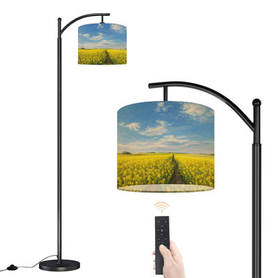 Arc Floor Lamp with Adjustable Lampshade rapeseed field blue sky Oilseed Denmark Summer Yellow Flower Standing Lamp 3 Color Temperatures Dimmable Tall Pole Lamp with Foot Switch for Bedroom
