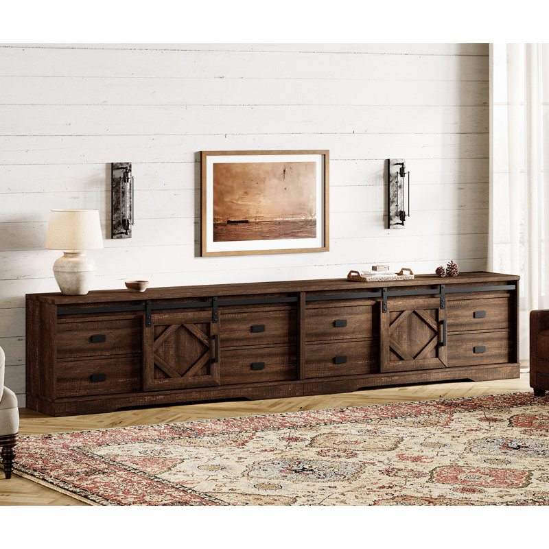 Laziza Farmhouse 2 In 1 TV Stand For Up To 130" Tvs, Wood Entertainment Center With 8 Drawers And 2 Sliding Barn Door