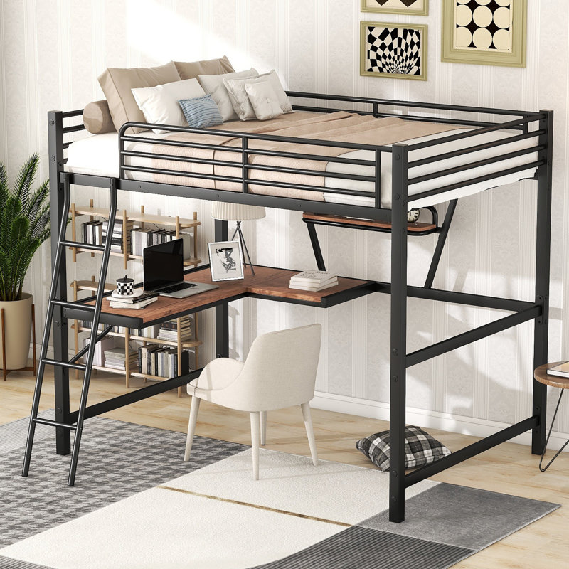 Full Size Metal Loft Bed with Desk and Storage Shelf, Space-Saving Black Workstation Bed for Teens, Dorm or Bedroom, Full